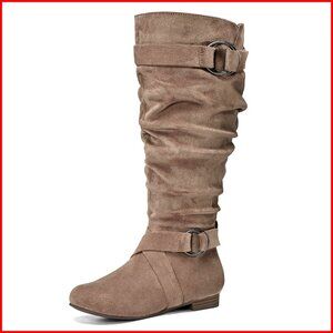 Wide Calf Knee High Boots Slouchy Flat Tall Boots Side Zipper